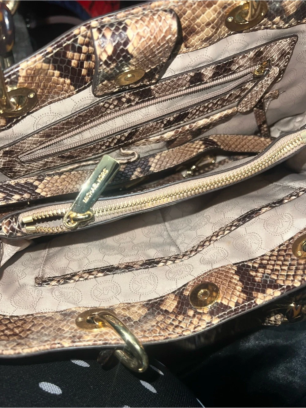 Michael Kors Brown Snake-Print Satchel with Gold Hardware